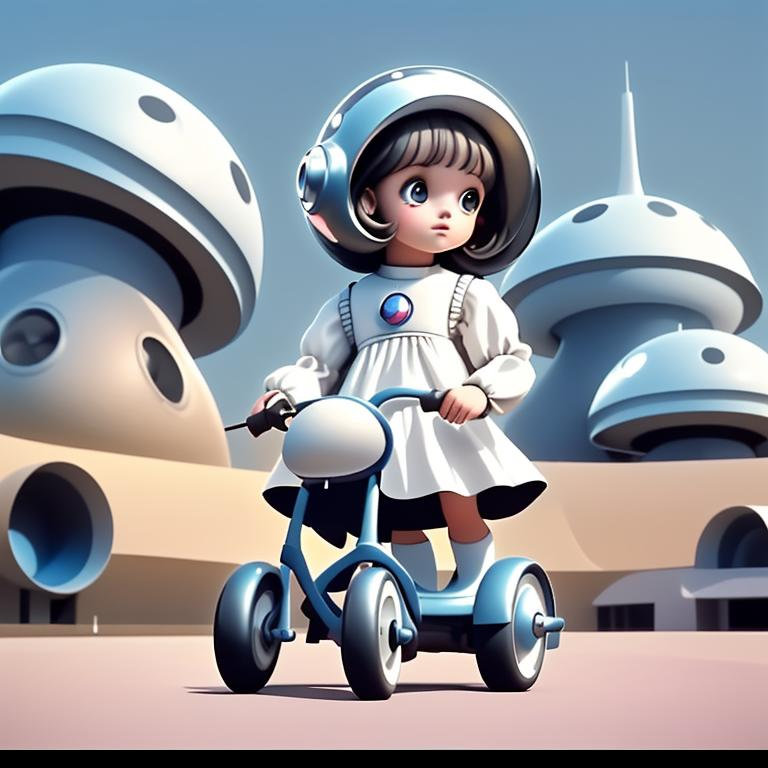 pretty cute little girl in tricycle, Screenshot of an surreal nearby 70s round minimalist architecture, Sharp light, 35mm still from a sci fi blockbuster color movie made in 2022, beautiful portrait, Dorothy, set in 1860, in front of a spaceship that has just landed on an alien planet, are all wearing, a robot stands. AI prompts