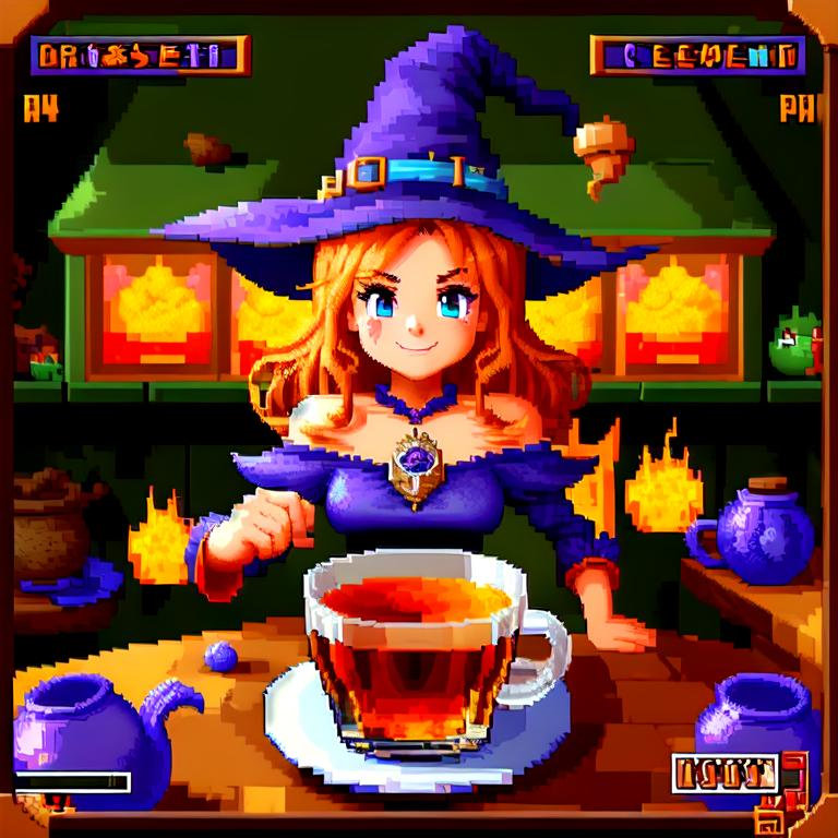 best quality, masterpiece, gameplay, pixelated, heads-up display, a pretty cute witch's brew causes chaos. Best free online AI image generators
