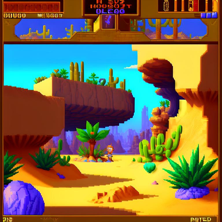 best quality, masterpiece, gameplay, pixelated, heads-up display, a magical desert to find a hidden oasis, Flux prompts