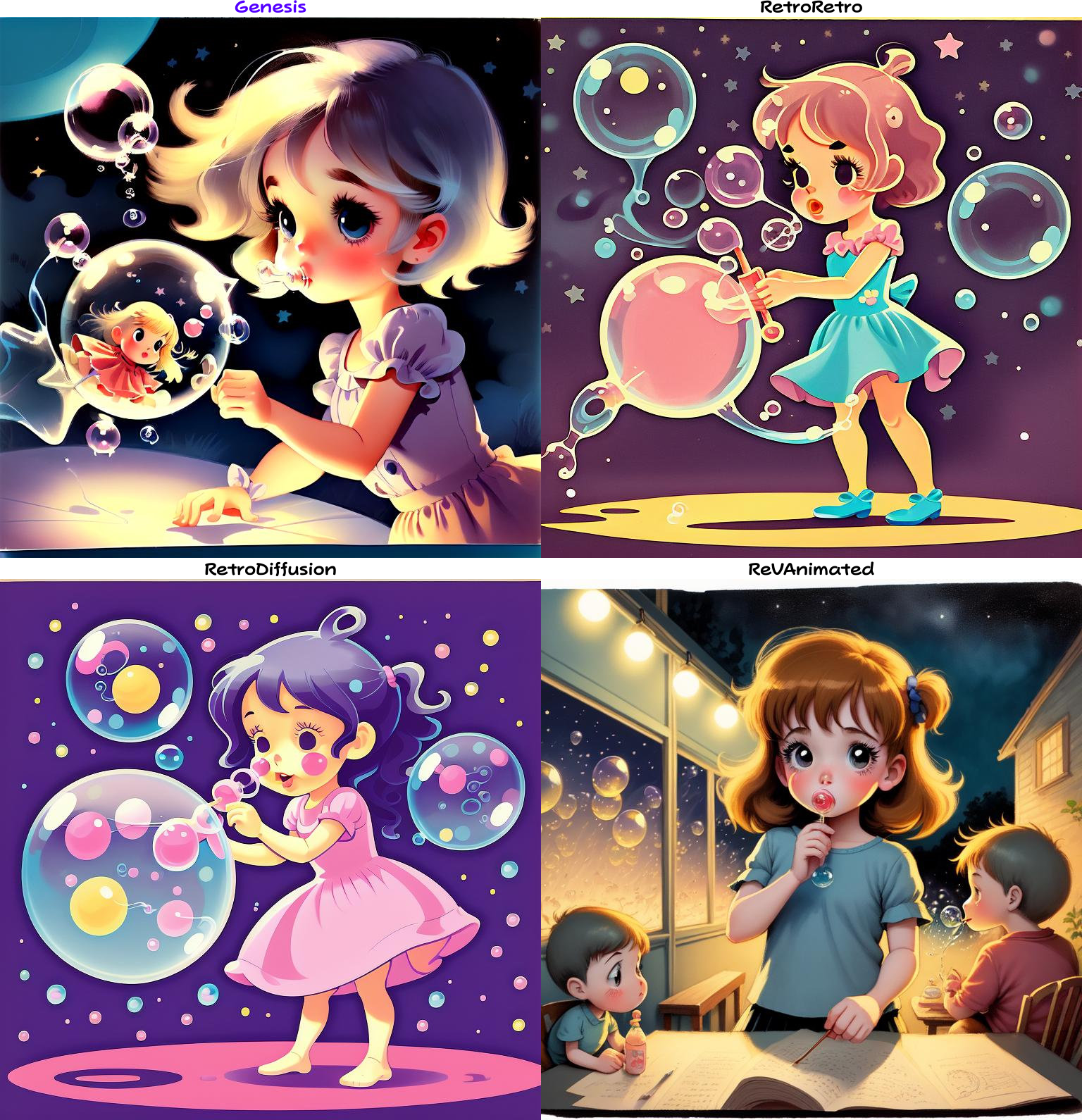Children book illustration of a cute cartoon little girl blowing bubbles, at night, 1960, she isn't. Genesis comparison.